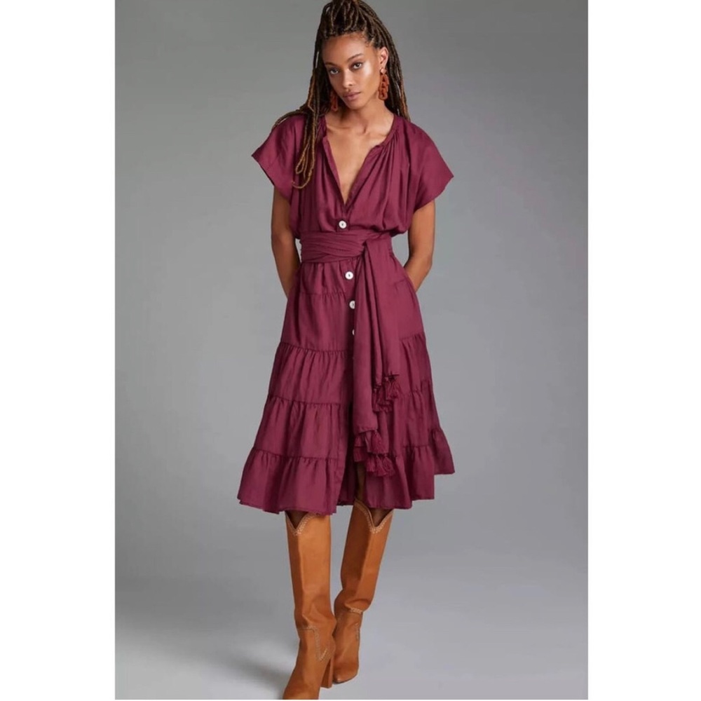 Erika Pena Burgundy Tiered Midi Dress w/Rumba Tassel Belt - One Size